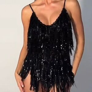 Spark Up the Glamour Black Sequin Fringe Festival Party Romper